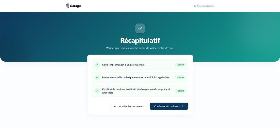 Écran de confirmation côté client après dépôt des documents