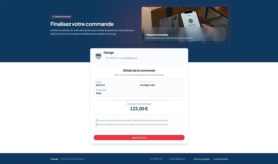 Page de paiement envoyée au client, côté garage