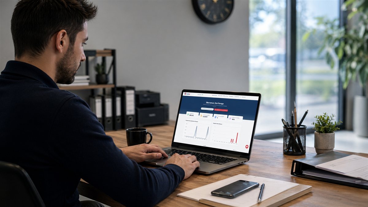 Professionnel de l'automobile consultant son tableau de bord Kordial depuis son bureau