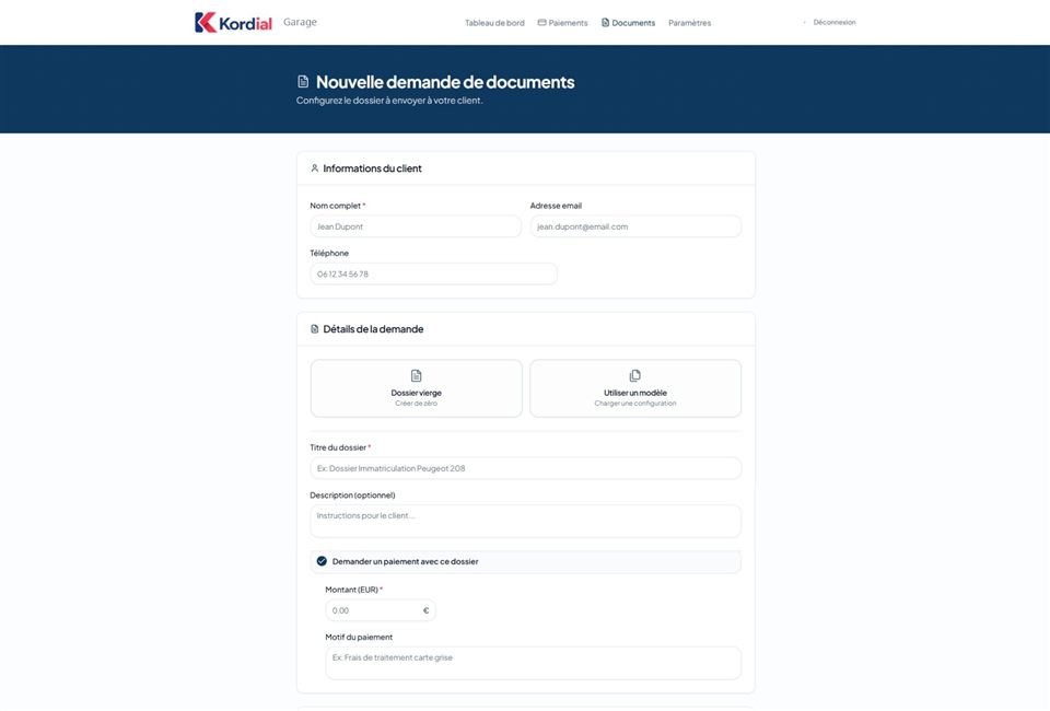 Création d'une demande de documents dans Kordial