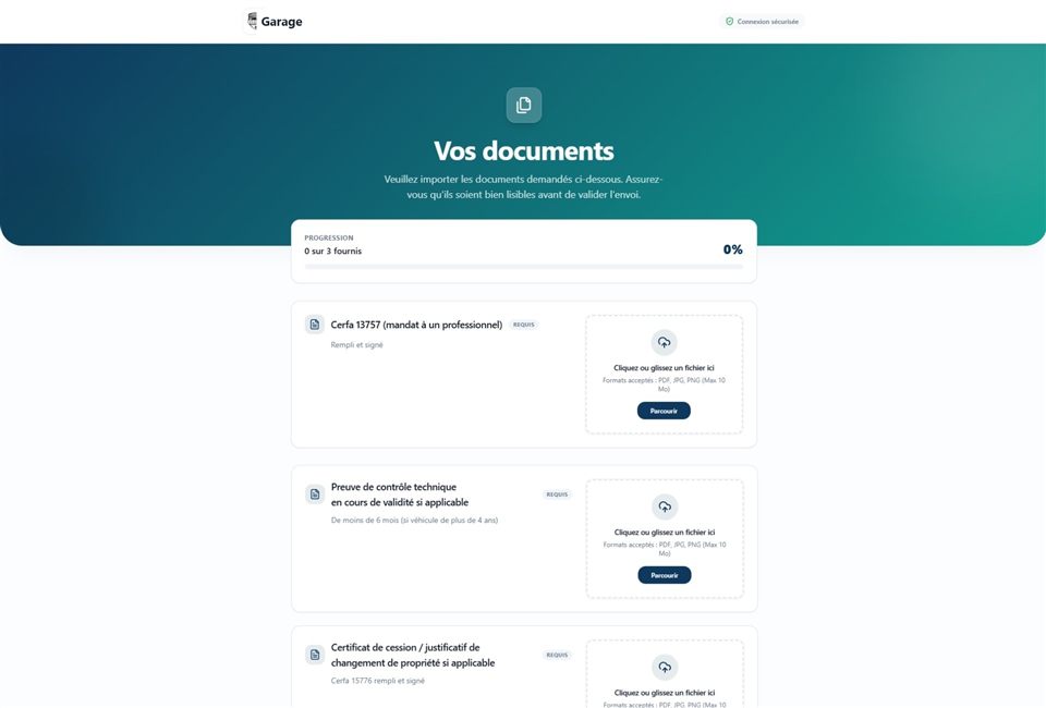 Dépôt de documents côté client, sans création de compte